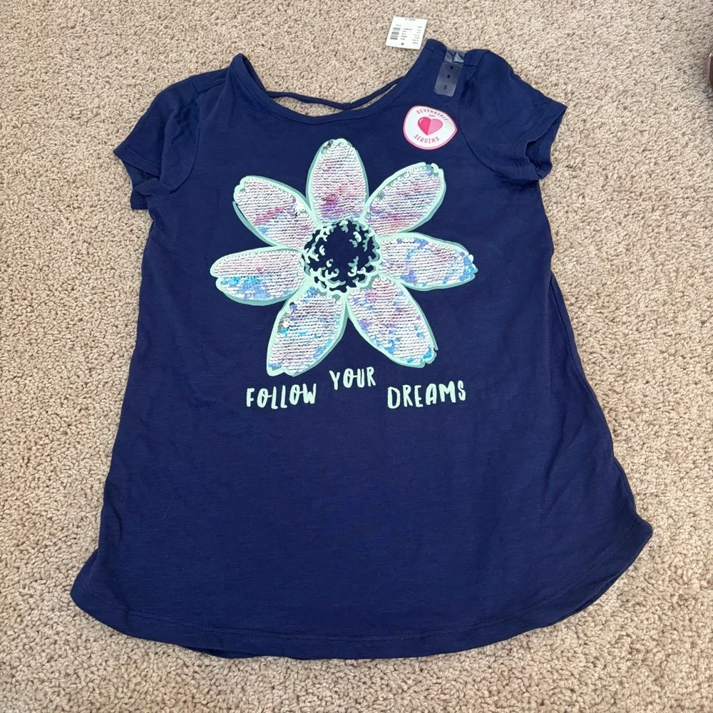 Justice Navy Tee with Flip Sequin Flower Design Size 8